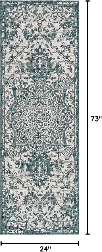 Unique Loom Outdoor Collection Area Rug - Dubai (2' x 6' 1" Runner, Teal/ Ivory)
