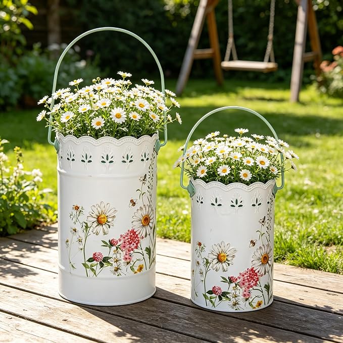 Set of 2 Rustic White Metal Flower Pots, Decorative Floral Buckets Farmhouse Iron Vases Planters for Dried Flowers, Faux Plants, Home Garden Decor