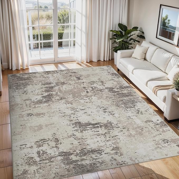ROYHOME Modern Abstract Area Rug 9x12 Non Slip, Brown Grey | Non Shedding Rug Low Pile Stain Resistant for Bedroom Living Room