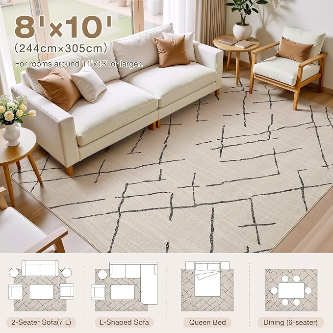 kakania Washable 8x10 Area Rug for Living Room: Boho Geometry Home Decor | Soft Stain Resistant, Low-Pile, Non-Slip, Pet & Kid Friendly, Thin Rug for Bedroom/Dining Room/Kids Dorm - Beige
