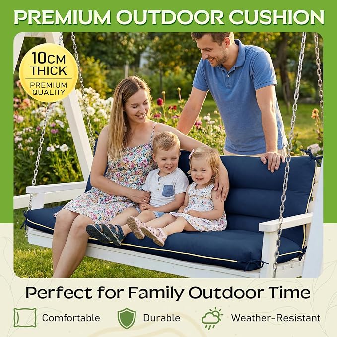 60×40 INCH Outdoor Swing Cushion with Backrest, Tie Straps & Memory Foam - Replacement for Porch Bench 2/3 Seater, Oxford Fabric (Blue, 60 INCH × 40 INCH)
