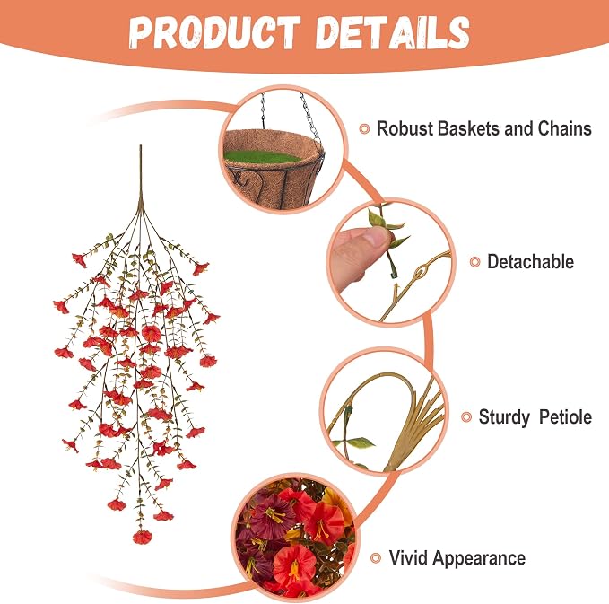 INXUGAO 12 PCS Fall Artificial Flowers Fake Plants with Hanging Basket | Realistic Silk Morning Glory Petunia Long Vines for Outdoor Garden Patio Front Porch Decor