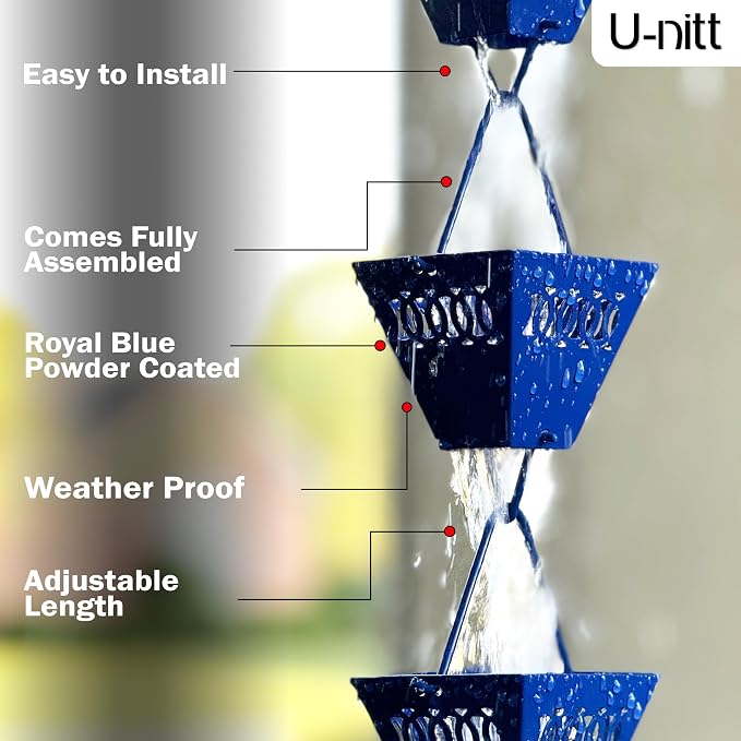 U-nitt Rain Chain Water Collection for Gutters Rainwater Catcher & Diverter, 8.5 FT Chains for Outside Garden, Blue Square Cups, Roof Downspout, Works with Heavy Rain, w/Gutter Clip for Rainchains