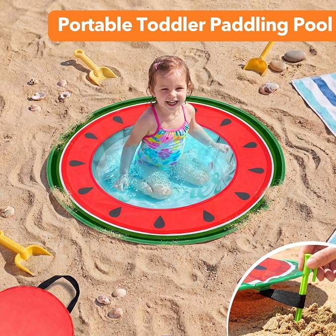 Hungdao Pop up Baby Beach Pool Portable Beach Pool for Toddler Cute Toddler Paddling Pit with Water Bag and Storage Bag for Infant Kids Boy Girl Outdoor Summer Camping Travel Vacation(Watermelon)