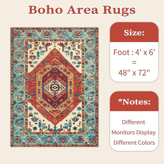 SERISSA 4x6 Washable Non Slip Boho Area Rug for Bedroom，Orange | Ultra Soft Vintage Oriental Carpet Low-Pile Distressed Tribal Throw Carpet for Entry Living Room Nursery Kitchen Dorm Decor