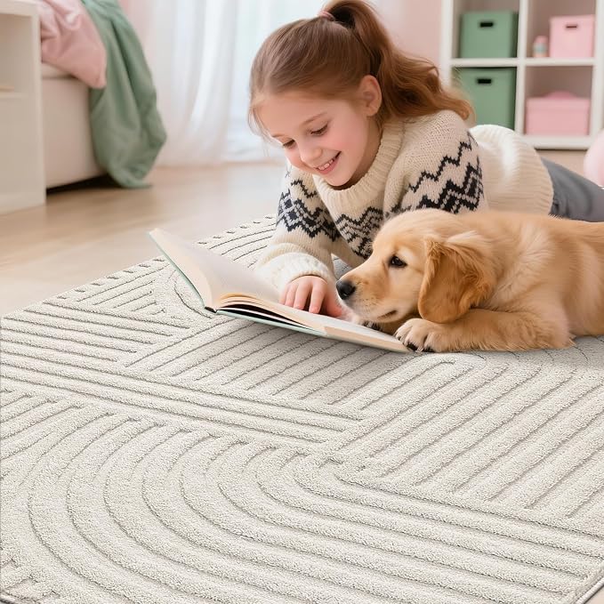 Pauwer 3x5 Area Rugs for Living Room, Modern Non Slip Washable Rug, Beige | Arch Pattern, Soft Fluffy, Neutral, Boho Accent, Solid Color Floor Carpet, For Kids Room Dining Room Nursery Entryway