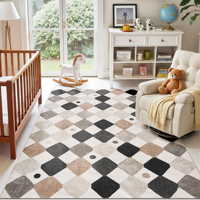 jinchan 5x7 Nursery Rug Washable Kids Playroom Rug Black and White Marble | Soft, Non-Slip, Cute, Kid-Friendly, Checkered Diamond, Play Mat, Black White on Cream, Classroom, Bedroom, Dorm, Living Room