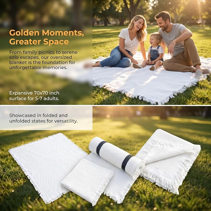 70"x 70" Picnic Blanket Extra Large,Layer Outdoor Blanket for 5 to 7 Adults,Camping Grass Lawn Park Accessories Cute Couple Gifts Ideas Wedding Registry for Park, Beach (White)