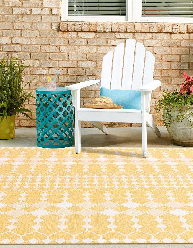 Unique Loom Outdoor Trellis Collection Area Rug - Traliccio (10' Square, Yellow/ Ivory)