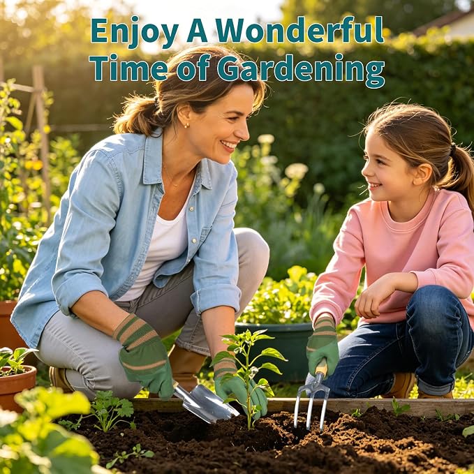 4-Piece Green Garden Tools Set,Patioland Ergonomic Gardening Hand Tools w/Hand Trowel,Cultivator Rake,Pruning Shear & Gloves for Planting Weeding,Yard Tools Gift for Women Men Gardender Plant Lovers