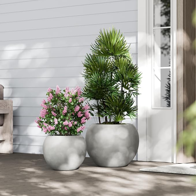 DTY Premium Mt Sherman Fiberstone Sphere Planter for Indoor Outdoor Use, Round Pot for Olive Tree, Lightweight, Smooth Finishes. 2 Extra Coco Mats. Gray, Small 12.6" D x 10'' H. 8.5” Pot Opening