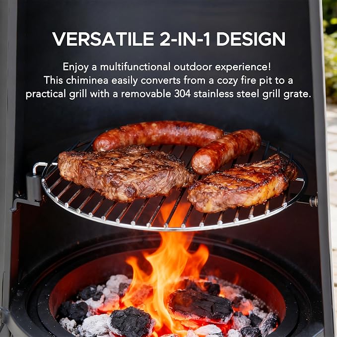 SUNJOY 2-in-1 Chiminea Fire Pit & Grill, 57" Tall Outdoor Fireplace with Removable Stainless Steel Grill Grate, Spark Screen & PVC Cover for Patio, Backyard, Cooking - Black