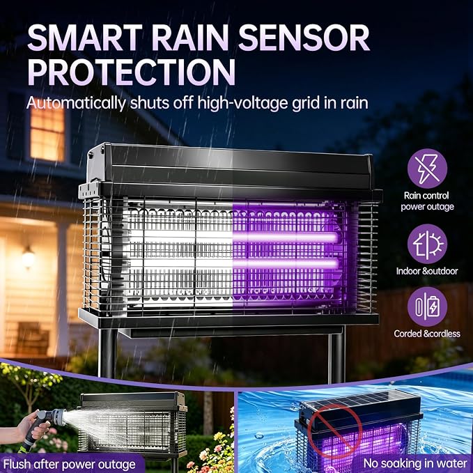 Solar Bug Zapper Outdoor, Purple UV Mosquito Zapper with Smart Rain Off Rechargeable Mosquito Killer Lamp, Wireless Solar Powered Fly Trap for Yard Patio RV (Jet Black)
