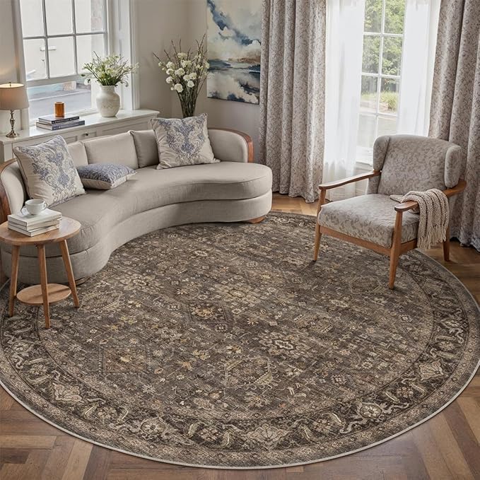 8x8 Dark Brown Vintage Round Rug | Washable, Non Slip, Soft Low Pile, Traditional Farmhouse, for Dining Room Living Room Bedroom Entryway Indoor