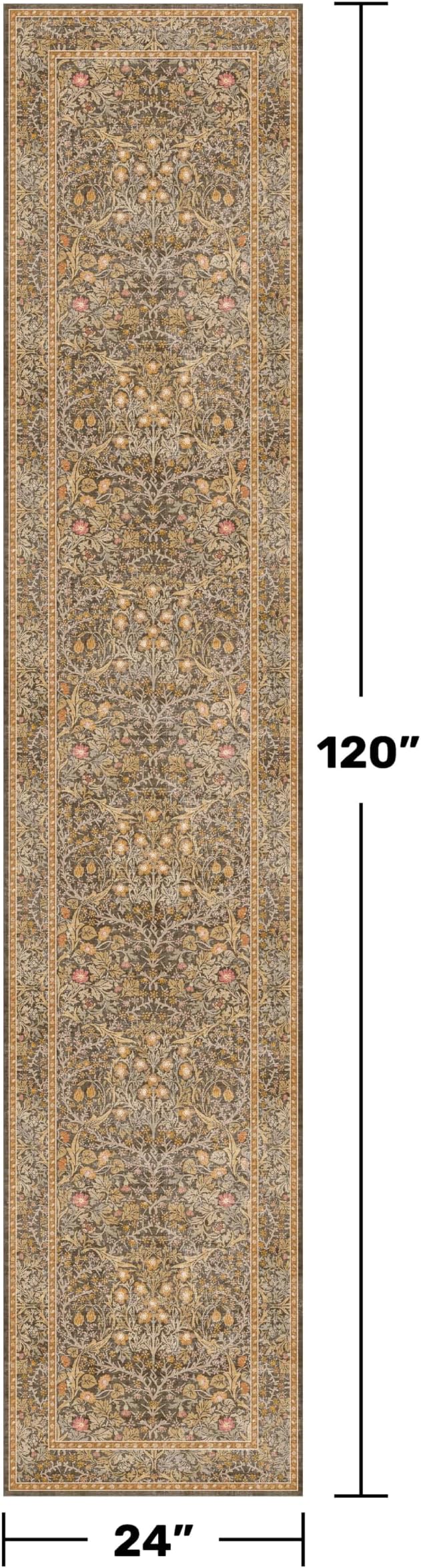 Non Slip 2x10 Gold Brown Hallway Runner - 10ft Long Runner Rugs, Washable Kitchen Floor Mat - Vintage Floral Design Décor