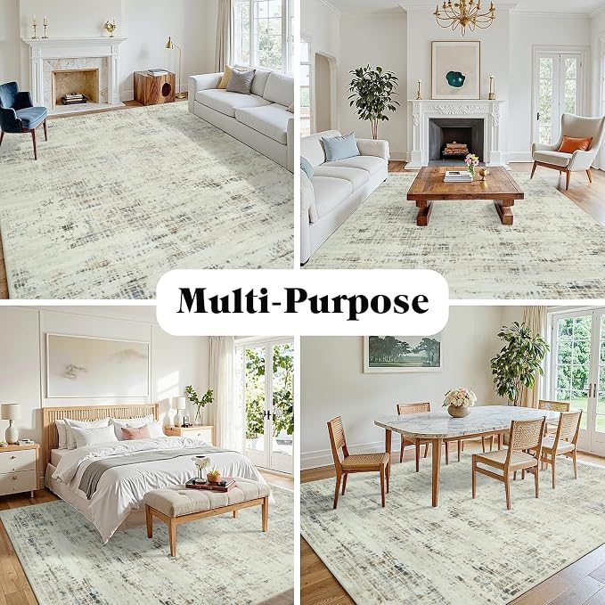 10x14 Washable Area Rug for Living Room Bedroom: Non-Slip Modern Gray White | Machine Washable TPR Backing, Stain-Resistant Low Pile, Pet & Kid Friendly, Abstract Decor for Dining Room, Dorm, Home Office