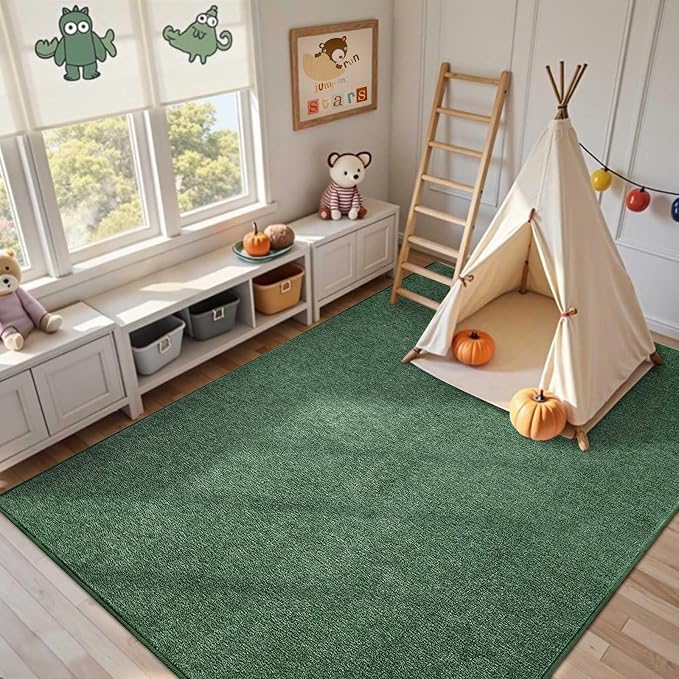6x9 Large Green/White Area Rug Non-Slip Washable for Living Room Bedroom | Soft丨Stays Put丨Low Pile Thin丨Lays Flat丨Kid & Pet Friendly丨Dorm丨Dining Room丨Nursery丨Playroom丨Indoor丨Laundry丨Carpet丨Home Decor