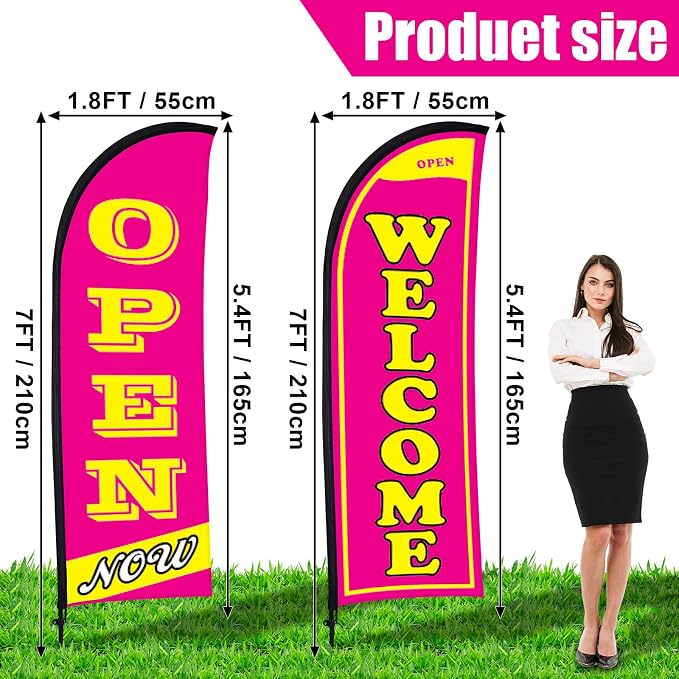 Buryeah 2 Sets Now Open Flag Banner for Business Advertising 7 ft Feather Flag Sign with Flagpole Ground Stake Portable Bag (Hot Pink)