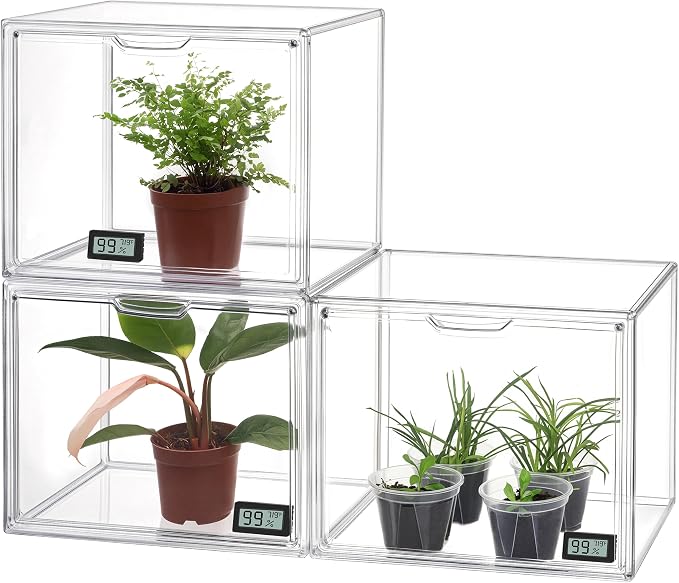 HBlife Mini Greenhouse for Indoor, Clear Stackable Green House with Magnetic Waterproof Door for Small Plants Nursery Germination and Display, Tabletop Portable Greenhouse, 14.1x8.6x10.6 Inch (3 Pack)