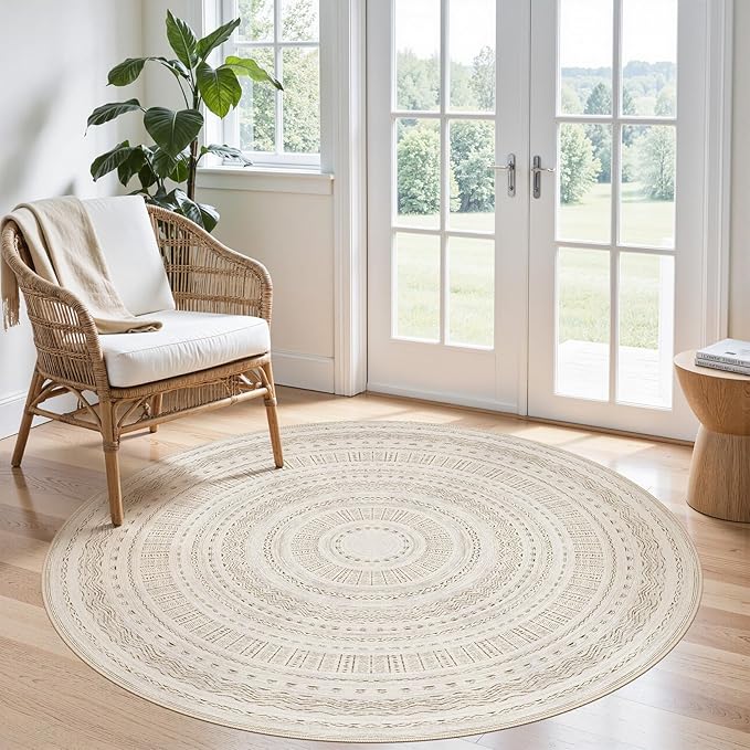 cotiled 5x5 Round Rug 5ft Circle Living Room Boho Area Rugs | Solve Modern Neutral Trendy Home Decor - Washable Foldable Indoor Carpet for Dining Bedroom Entryway Home Office Brown Cream