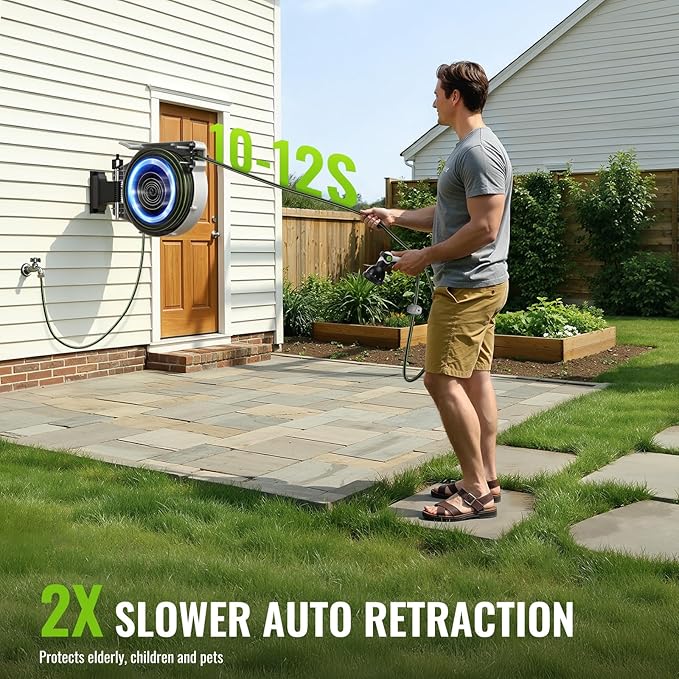 100 FT Retractable Garden Hose Reel for Large Yards, Heavy Duty Wall Mounted Water Hose Reel with Auto Slow Rewind, Any Length Lock & 10-Pattern Nozzle for Watering, Car Washing and Outdoor Cleaning