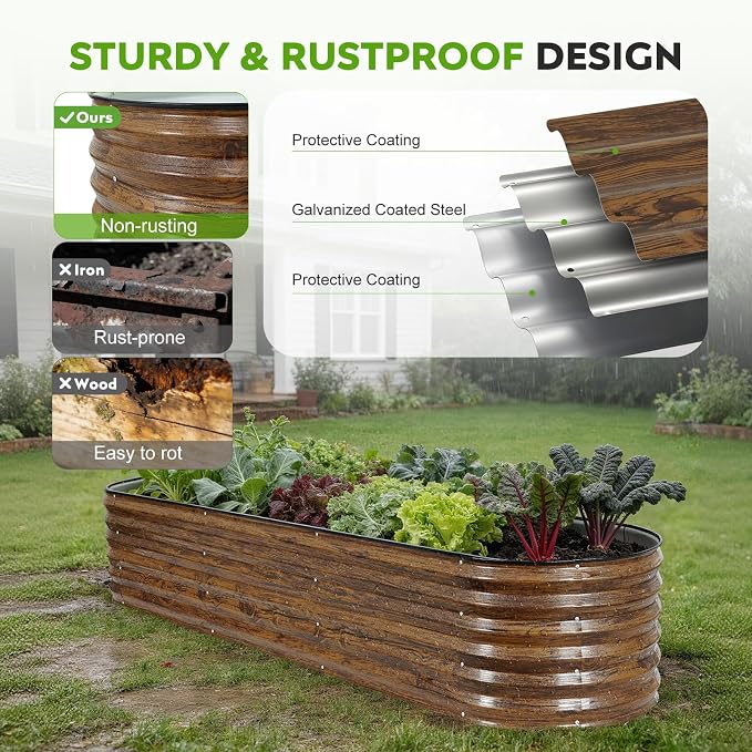 Galvanized Raised Garden Bed Outdoor- 8x2x1.4ft Oval Steel Raised Beds for Gardening, Metal Planter Box with Protective Strip and Gloves for Vegetables, Flowers, Fruits(Brown)