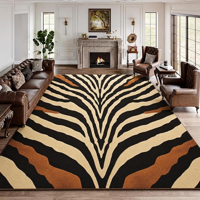 Brown Zebra Print Area Rug Modern Animal Stripes Rugs for Living Room 5×7