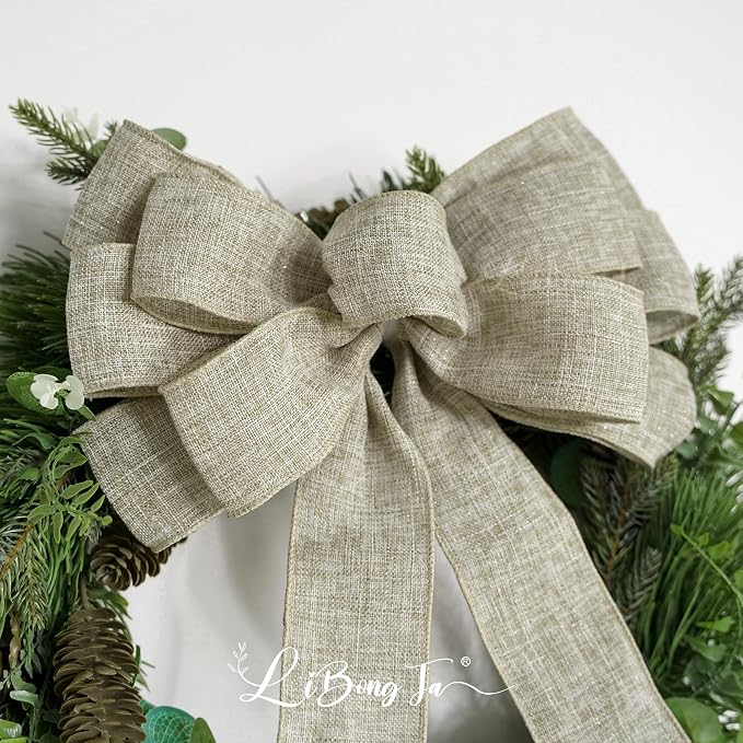 13" Burlap Wired Ribbon Bow Christmas Tree Topper Bow, Rustic Bow Party Decorations, Premade Bows with Twist Tie, Large Gift Bow for Outdoor Wreath, Wedding, Holiday, Birthday-1 PCs