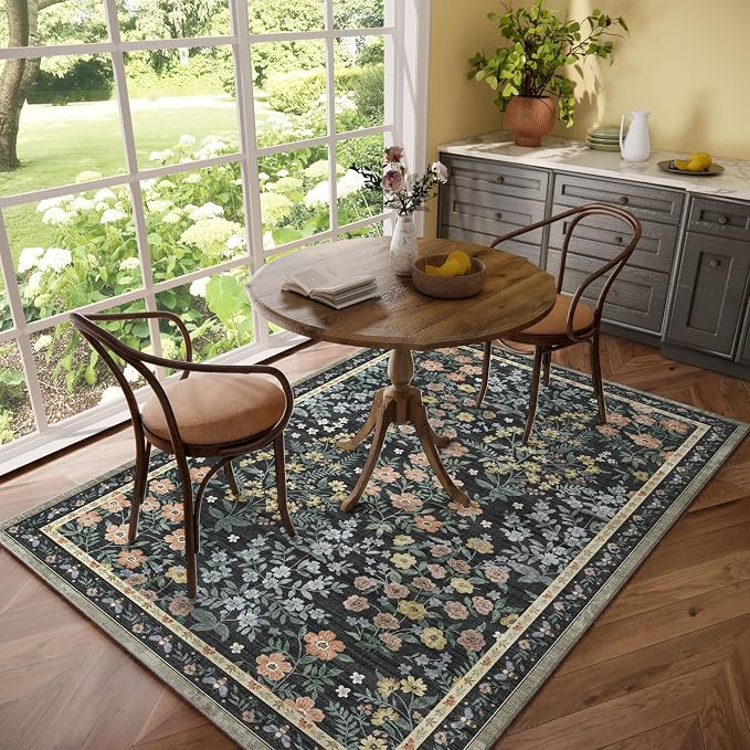 Washable Living Room Area Rug: 5x7 Rugs for Bedroom Vintage Stain Resistant Non Slip Low Pile Soft Lightweight Carpet Rug for Kitchen Dining Room Kids Room Nursery Living Room