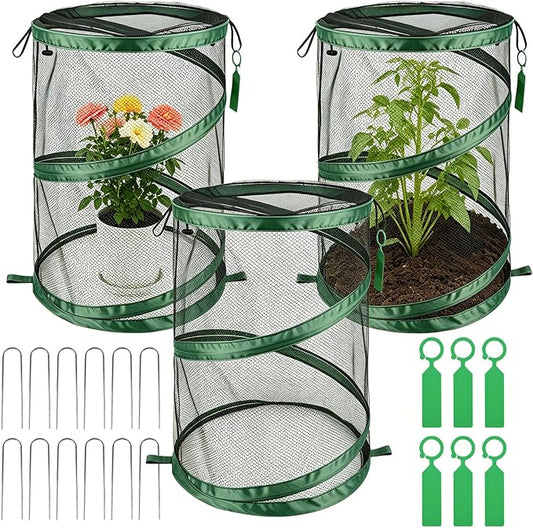 3PCS Pop Up Plant Covers from Animals, 20" H X 14" D Foldable Mesh Plant Tent Cover Protectors, Garden Insect Barrier Mini Greenhouse Plant Guard Cover Net with 12 Stakes & 6 Labels for Outdoor Plants