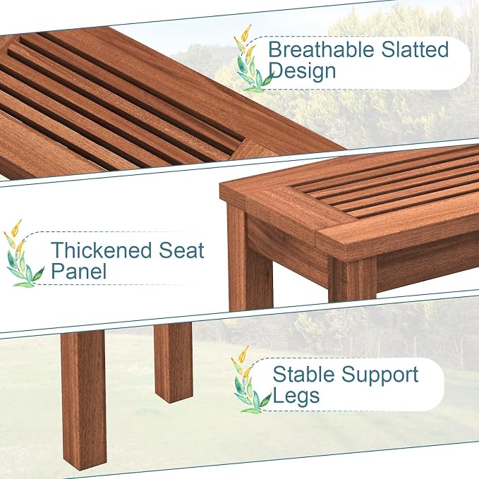 Wooden Outdoor Bench, 2-Seater Backless Garden Bench, Solid Weatherproof Wood Frame for Outdoors, 39.5” Long Slatted Patio Bench for Entryway, Porch, Backyard, Lawn, Natural