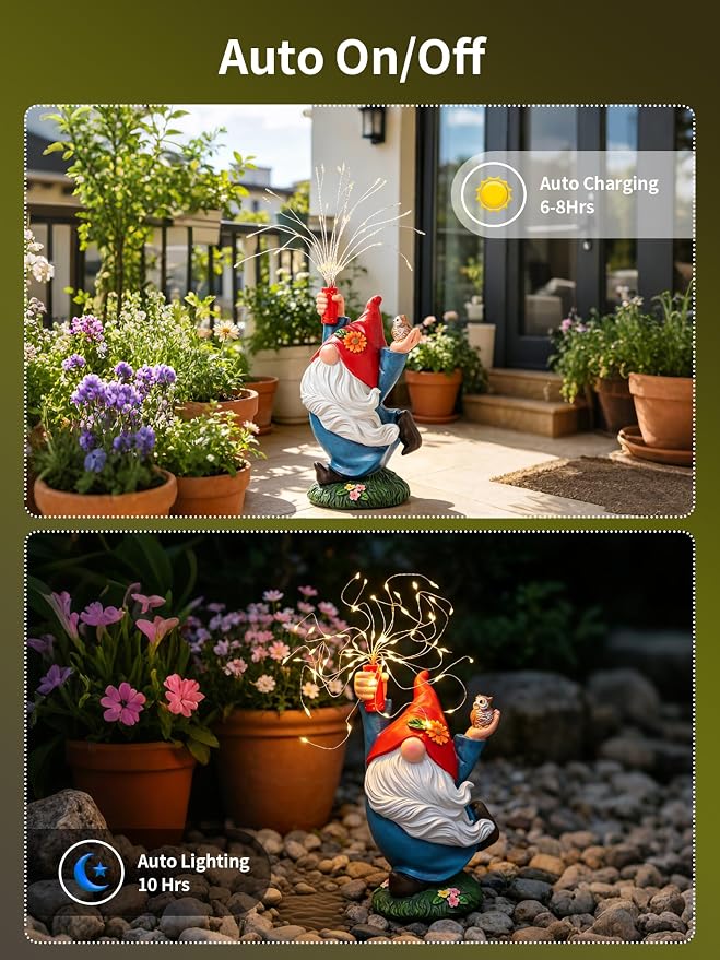 Garden Gnome Statue, Solar Outdoor Decor with Owl and Firework LEDs | Waterproof solar resin gnome for outdoor gardens, patios, porches and balconies; a charming gift for women and garden lovers