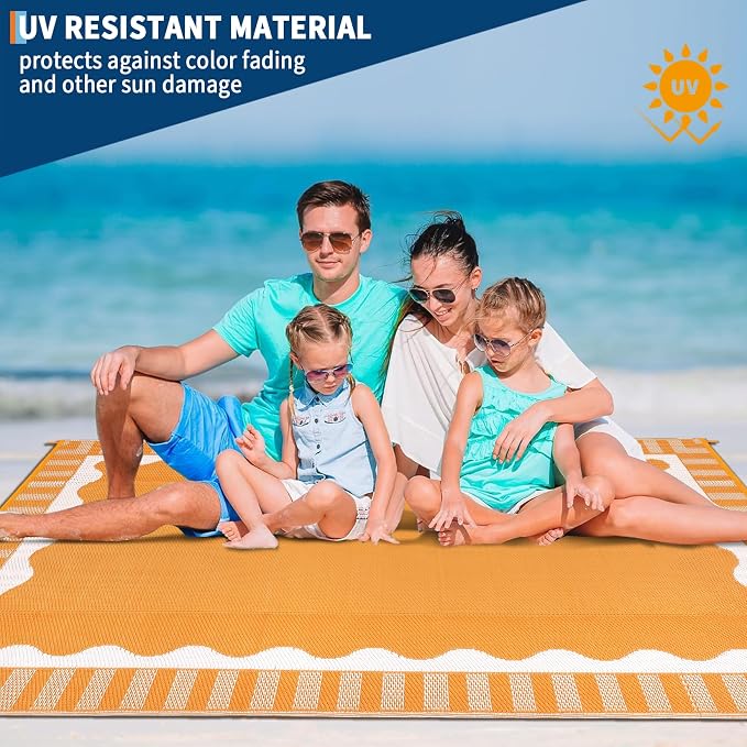 Garvee Large Waterproof Outdoor Rug 9x18 Outdoor Patio Rug, Modern Scalloped Reversible Plastic Straw Camping Rugs, Bordered Outside Carpet for Picnic Backyard Deck Balcony Trailer, Orange