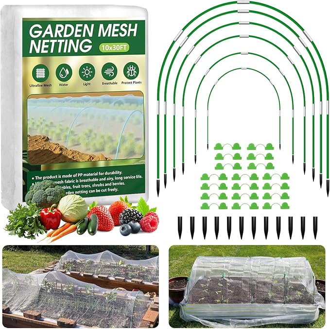 Garden Mesh Netting Kit, 10x30FT White Ultra Fine Netting & 8FT Fiberglass Garden Hoops with Support Bases, Garden Netting with Frame for Raised Beds, Garden Hoops & Netting, Row Cover, Plant Barrier