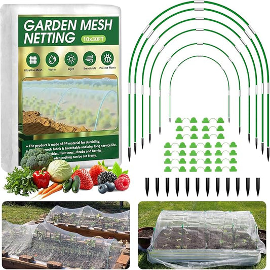 Garden Mesh Netting Kit, 10x30FT White Ultra Fine Netting & 8FT Fiberglass Garden Hoops with Support Bases, Garden Netting with Frame for Raised Beds, Garden Hoops & Netting, Row Cover, Plant Barrier