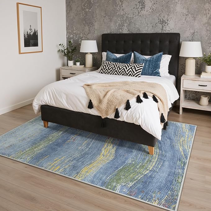 BEIMO 5x7 Washable Area Rug for Living Room, Wave Abstract Ocean Blue | Soft Machine Washable Modern Rug,Streaks Pattern Non Slip Indoor Carpet for Dining Room Playroom Bedroom Office