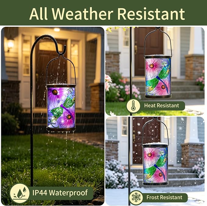 Solar Lantern Outdoor Waterproof Hanging Solar Lights Dragonfly Glass Decorative Lanterns for Outdoor Patio Lawn Outside Yard Garden Decor