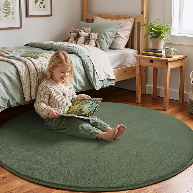 Amearea Sage Green Round Area Rugs 5ft Circle Rugs for Bedroom Living Room | Washable Fluffy Indoor Thickened Memory Foam Rug, Non Slip Minimalist Circular Carpet for Kids Boy Girl Dorm Nursery Room