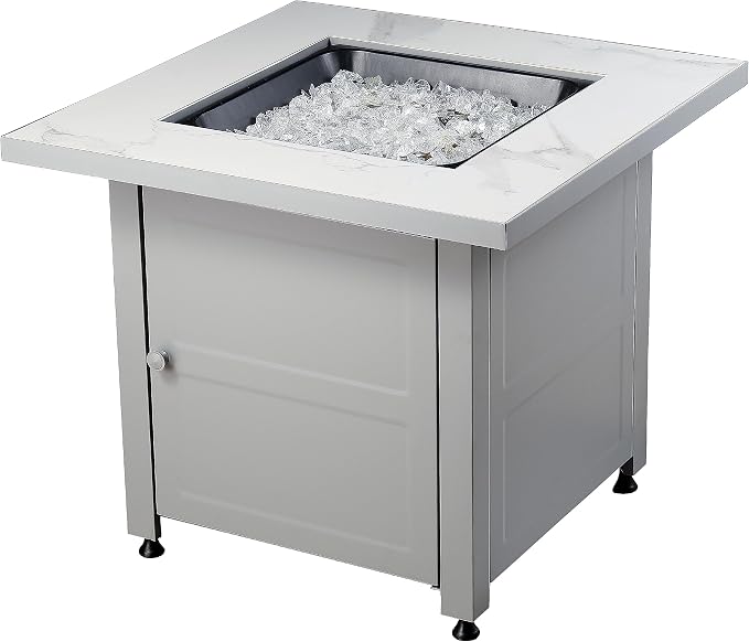 Endless Summer 30" Square Outdoor Propane Fire Pit Table with Marble Mantel | Includes White Fire Glass and Protective Cover
