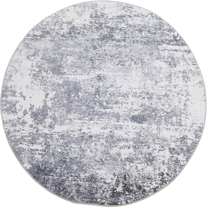 ROYHOME Modern Abstract 4x4 Round Area Rug Non Slip, Light Grey | Non Shedding Rug Low Pile Stain Resistant for Bedroom Living Room office Dining Room