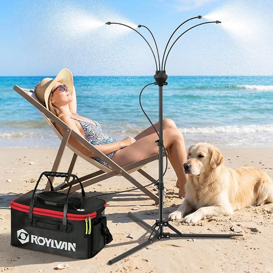 Roylvan Portable Misters for Outside Patio, Outdoor Water Cooling Misting Systems with 6000mAh Water Pump, 20L Bucket, Height Adjustable Standing Mister with 4 Nozzles for Backyard Garden Pool Patio