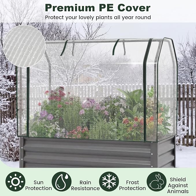 Giantex Raised Garden Bed with Legs & Greenhouse Cover, 44x20x60 Elevated Metal Planter Box with Roll-up Door, Outdoor Mini Greenhouse for Vegetable Flower Herb Patio Balcony (Gray,1)