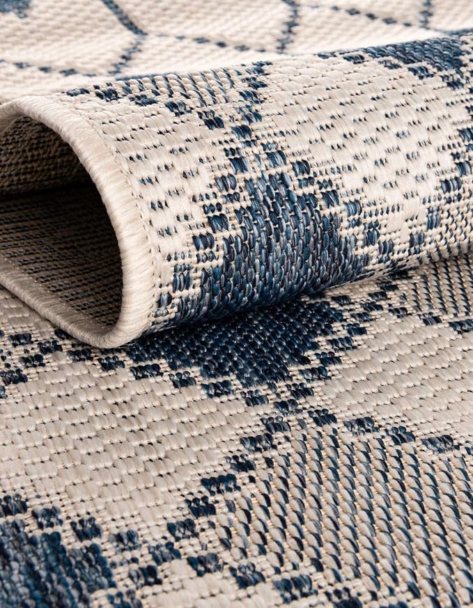Unique Loom Outdoor Trellis Collection Area Rug - Traliccio (10' Round, Ivory/ Navy Blue)