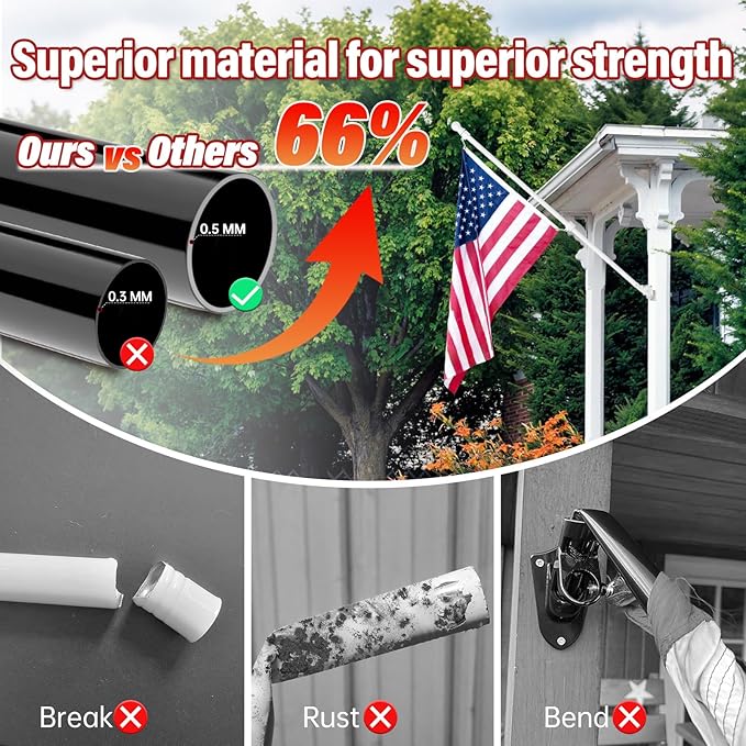 ZMTECH 6FT Flag Pole for Outside House with Solar Light, Tangle Free Stainless Steel Flag Pole Kit, 180° Adjustable Flag Pole Holder & Flag Holder Bracket, Black (No Flag)