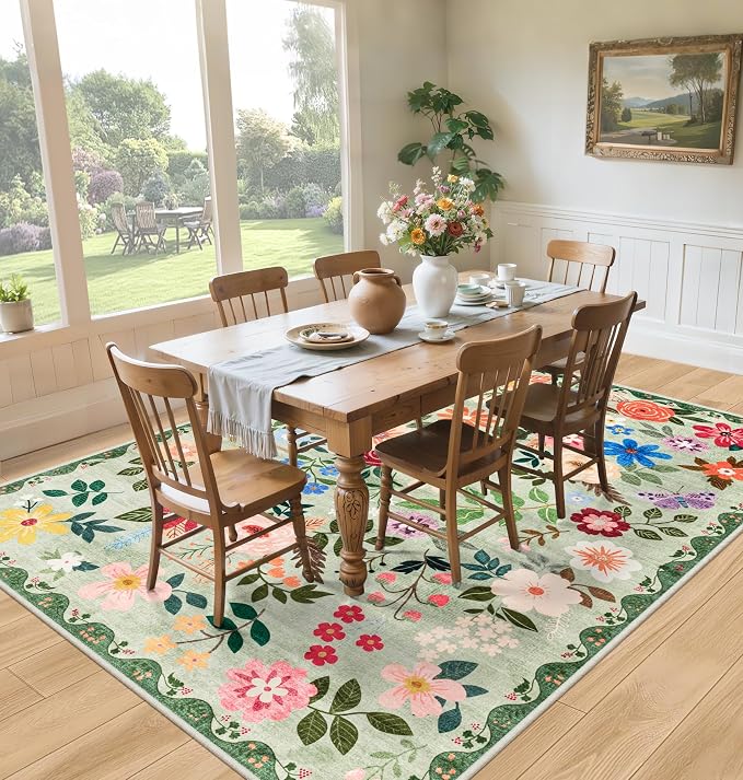 PLHXFR Area Rug Living Room: 4x6 Floral Washable Boho Soft Carpet Green | For Bedroom Dining Room Farmhouse Nursery Hallway,Vintage Floral,Machine washable,Non Slip,Stain Resistant,Large Indoor