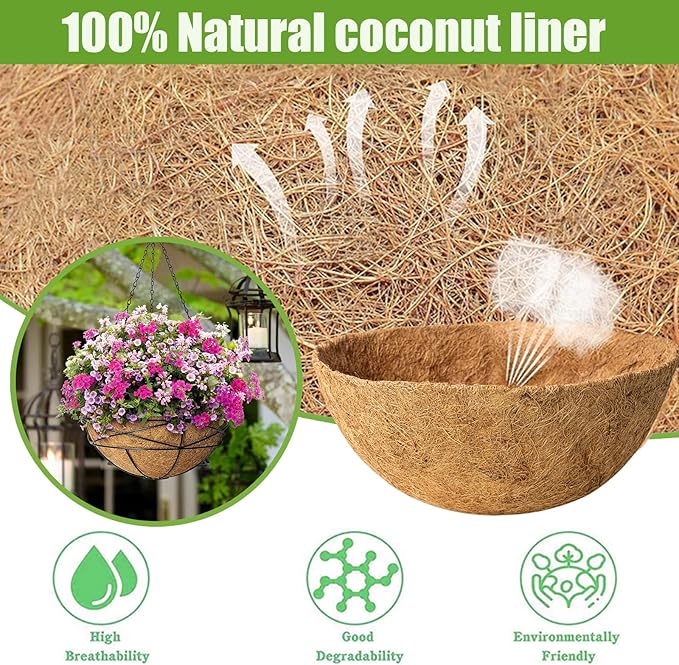 4 Pack 14 Inch Coconut Coir for Plants Natural Coco Fiber Liners for Hanging Planters Flower Basket Replacement Coco Coir Pots Liner for Outside Garden Plants Vegetables Herbs
