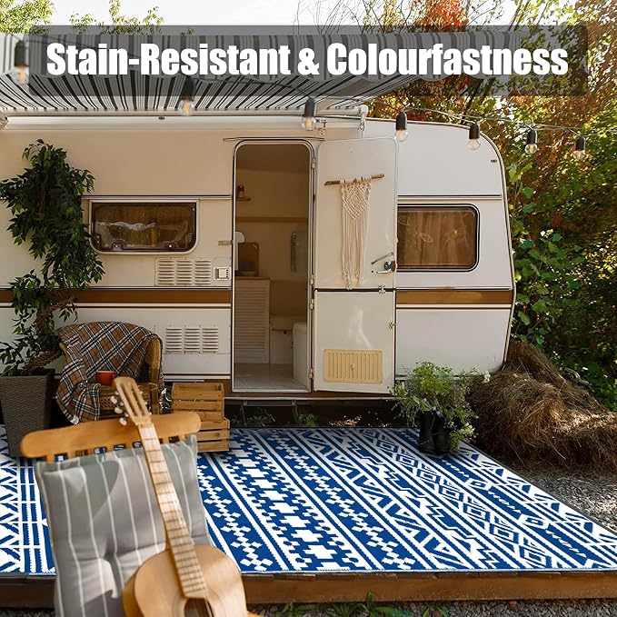 HUGEAR Outdoor Plastic Straw Rug, Waterproof Outdoor Rugs for Patios Clearance, Reversible Area Rug, Large Outside Carpet for Camping, Balcony, RV, Deck, Picnic, Beach 5x8ft Geometric Boho Blue&White