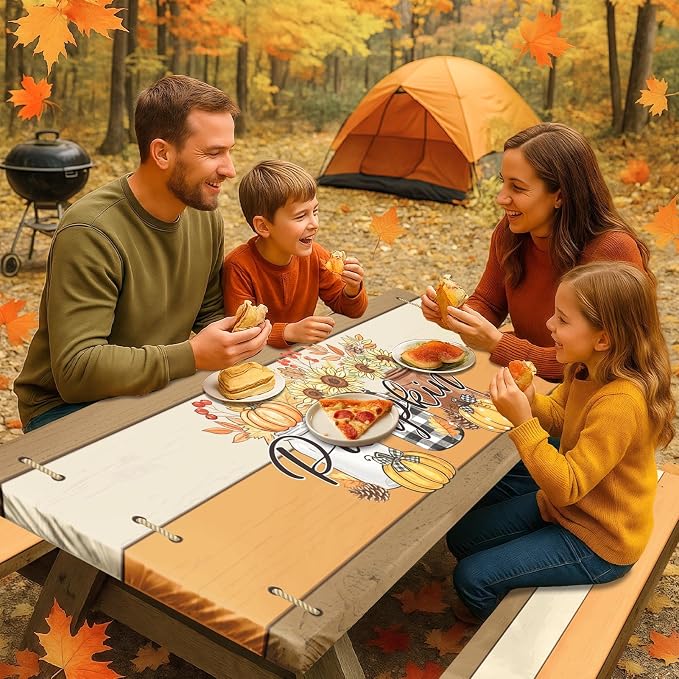 Fall Picnic Table Cover with Bench Covers, Outdoor Camping Essentials 6FT 3PCS Fitted Rectangle RV Must Haves Tablecloth with Drawstring Bag