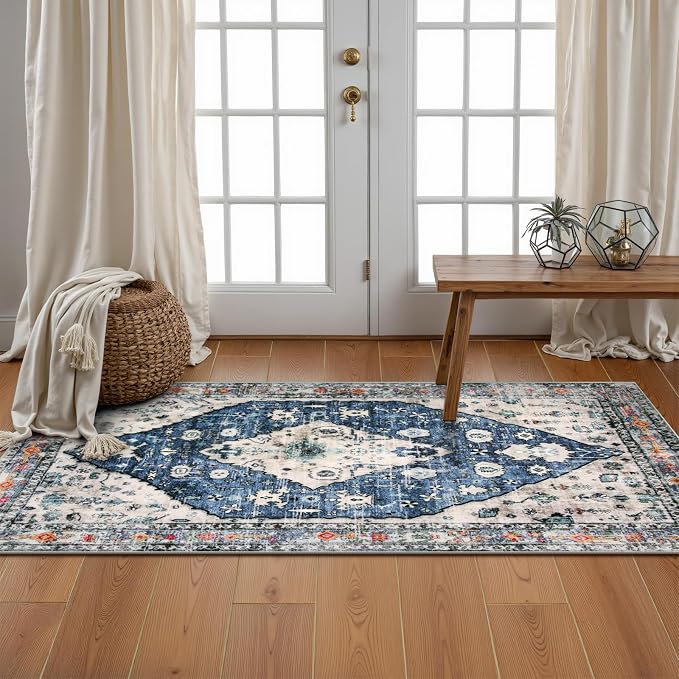 Lahome Felice Boho Tribal Runner Rug, 2x4.3 Blue Hallway Runners Rug Small Bathroom Rugs, Oriental Soft Machine Washable Non Slip Bedside Carpet Runner for Bedroom Entrance Kitchen Laundry
