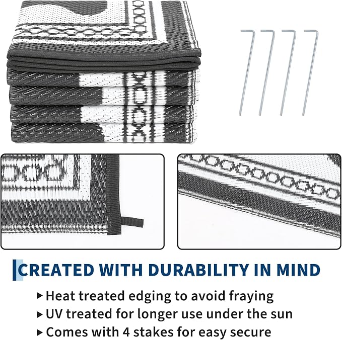 Garvee Outdoor Rug 9x12 Scalloped Waterproof Patio RV Outdoor Rugs Reversible Foldable Plastic Straw Rug Modern Camping Carpet for Deck Camper Porch Balcony Backyard Picnic Beach Grey